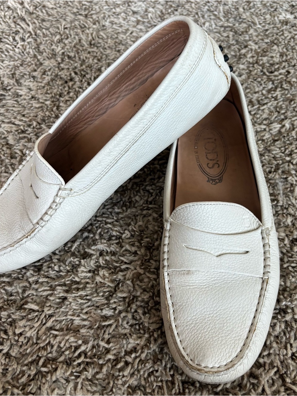 Tod's White Leather Women's Penny Loafers driving movs sz 40 9 italy